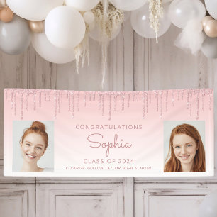 Class of 2024 Pink Glitter 2-Photo Graduation Banner