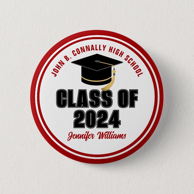 Class of 2024 Red White Personalised Graduate Name 6 Cm Round Badge (Front)