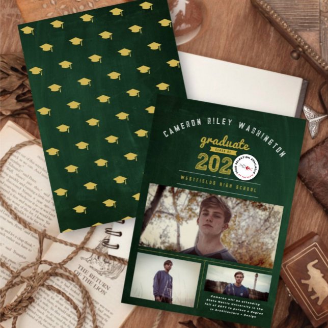 Class Of 2024 Retro Chalkboard 3 Photo Graduation Invitation (Class Of 20YY Retro Green Chalkboard, Bold Gold & White Sketch 3 Photo Graduation Announcement Card.)