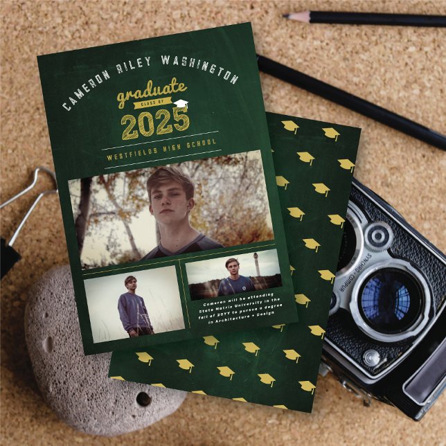 Class Of 2024 Retro Chalkboard 3 Photo Graduation Invitation (Class Of 2025 Retro Green Chalkboard, Bold Gold & White Sketch 3 Photo Graduation Announcement Card.)