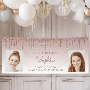 Class of 2024 Rose Gold Glitter 2-Photo Graduation Banner