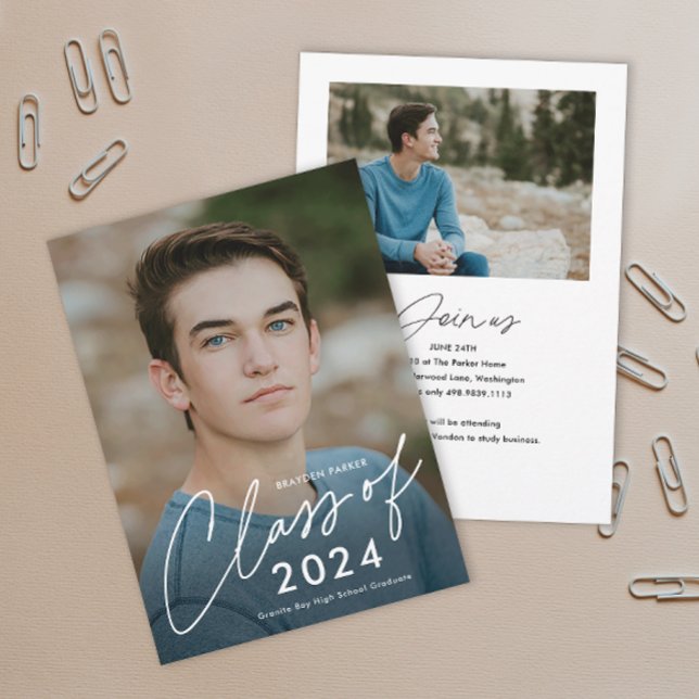 Class of 2024 Script Photo Graduation  Invitation (Simple handwritten script Class of 2024 photo graduation invitation announcements.)