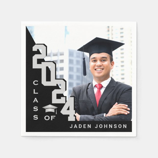 Class of 2024 Silver Black PHOTO Graduation Party Napkin (Front)