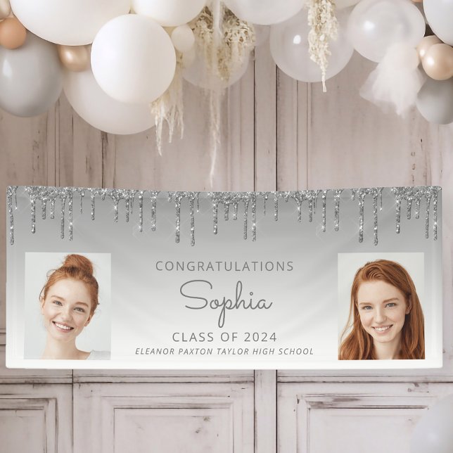 Class of 2024 Silver Glitter 2-Photo Graduation Banner (Creator Uploaded)