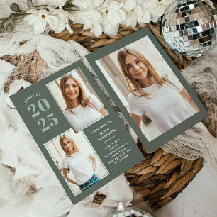 Class of 2024 Three Photo Moss Green Grad Party Invitation