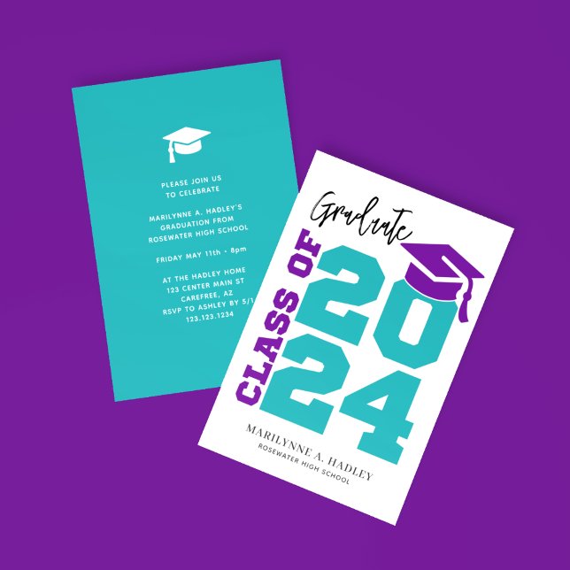 Class of 2024 Turquoise and Purple Graduation Invitation (Creator Uploaded)