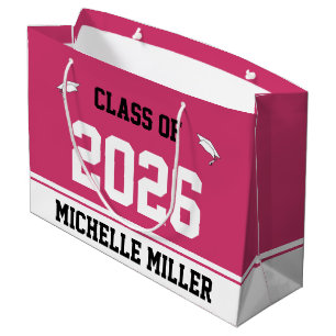 Class of 2025 and Name on Magenta & White Template Large Gift Bag