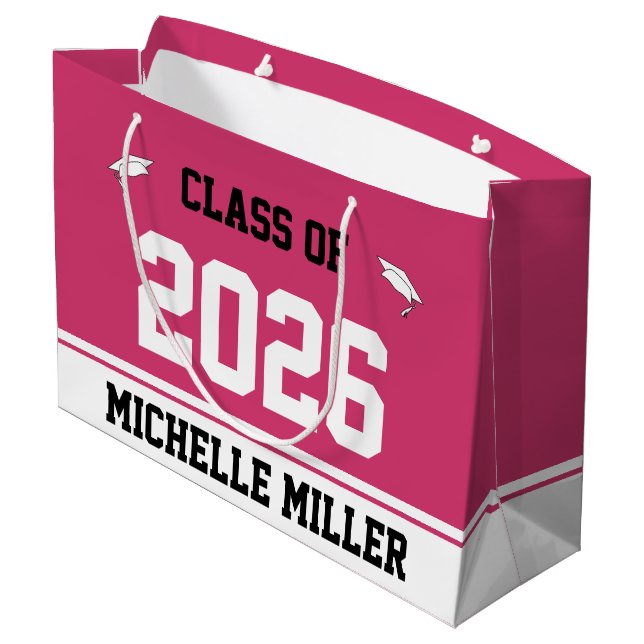 Class of 2025 and Name on Magenta & White Template Large Gift Bag (Back Angled)