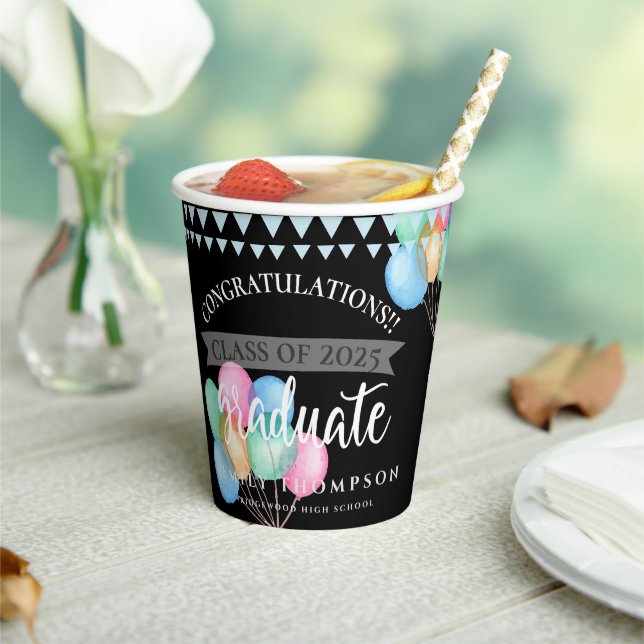 Class of 2025 Black Congratulations Graduation Paper Cups (Insitu)