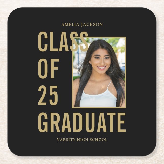 Class Of 2025 Black & Gold Photo Graduation Party Square Paper Coaster (Front)