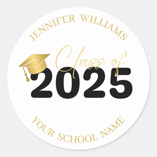 class of 2025 black golden graduation stylish  classic round sticker (Front)
