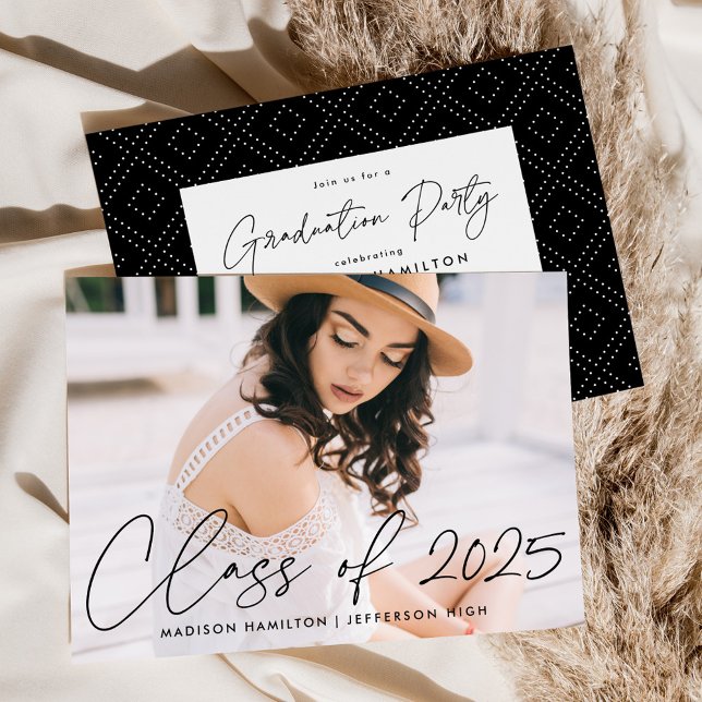 Class of 2025 Black Script Photo Graduation Party Invitation (Creator Uploaded)
