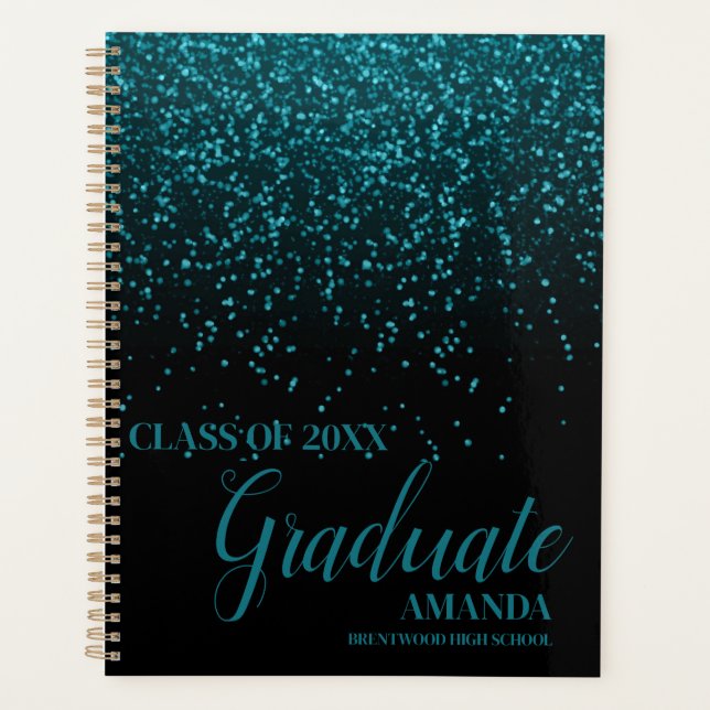 Class Of 2025 Black Teal Glitter Graduation Gift Planner (Front)