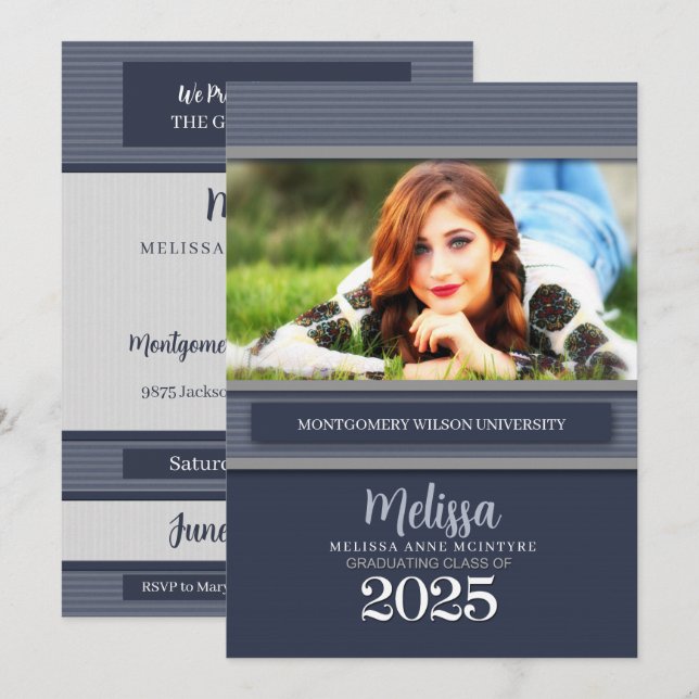 Class of 2025 Blue Pinstripe Photo Graduation Invitation (Front/Back)