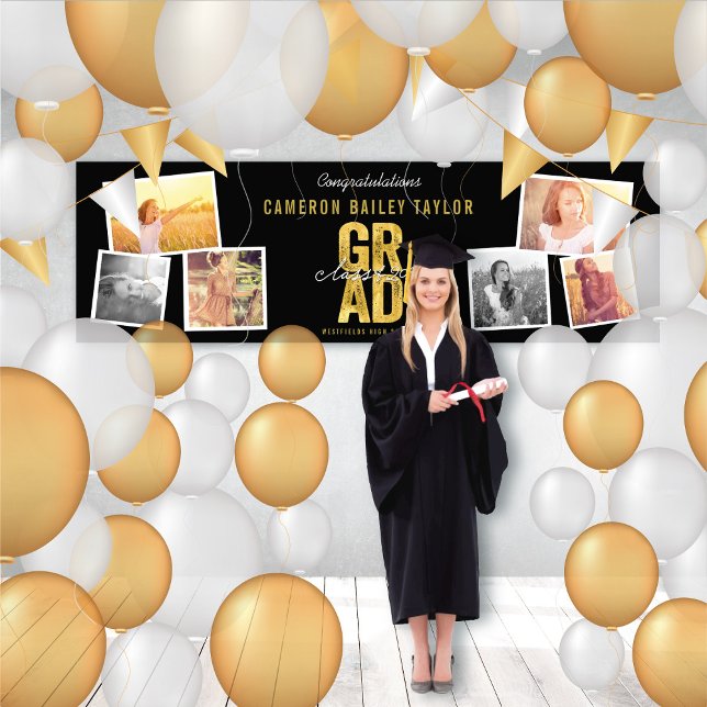 Class Of 2025 Bold GRAD 6 Photo Graduation Party Banner (Class Of 2024 Modern Bold Golden GRAD 6 Photo Graduation Party Banner @ www.zazzle.com/color_therapy)