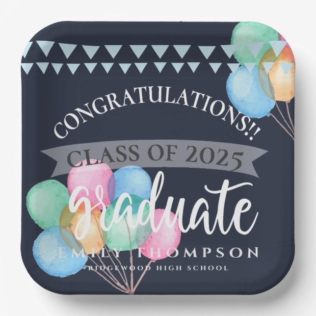 Class of 2025 Celebration Balloon Graduation Party Paper Plate (Front)