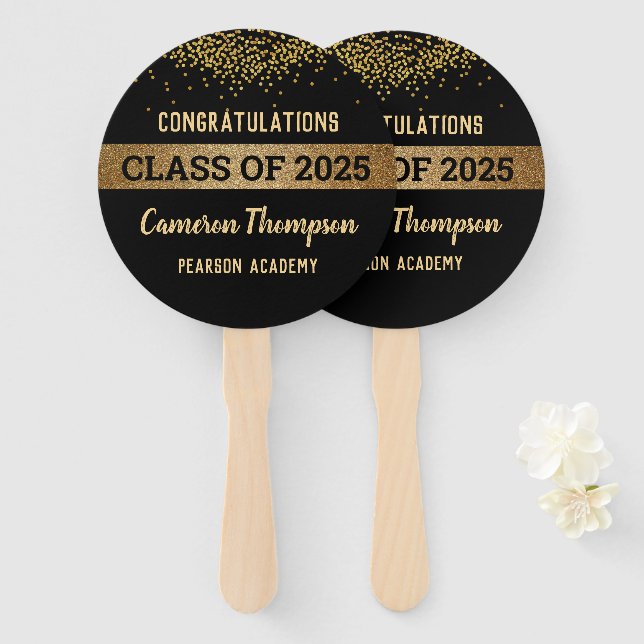 Class of 2025 Congratulations Graduate Gold Black Hand Fan (Front and Back)