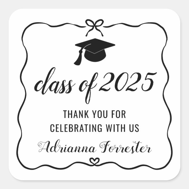 Class Of 2025 Cute Bow Graduate Hat | Thank You Square Sticker (Front)