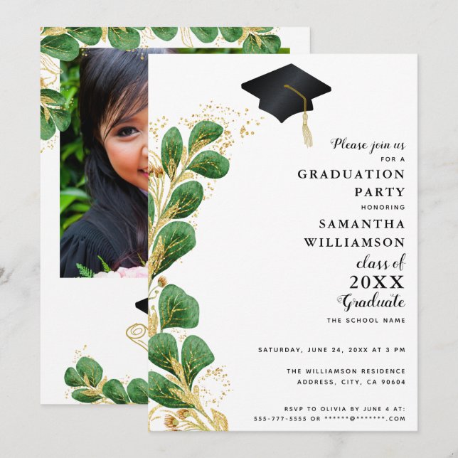 Class of 2025 Elegant Greenery Photo Graduation Invitation (Front/Back)