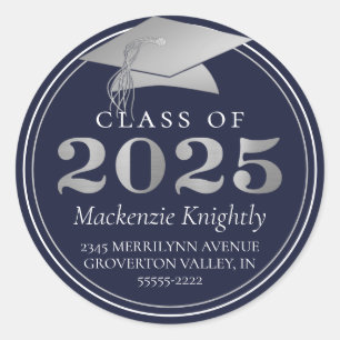 Class of 2025 Elegant Navy Silver Return Address Classic Round Sticker
