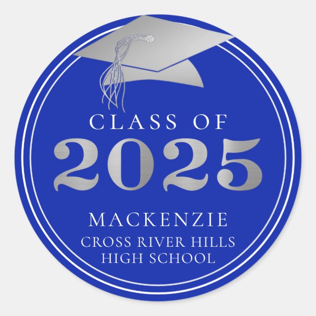 Class of 2025 Elegant Royal Silver Personalised Classic Round Sticker (Front)
