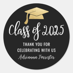 Class Of 2025 Faux Gold Foil Graduate Hat Black Classic Round Sticker