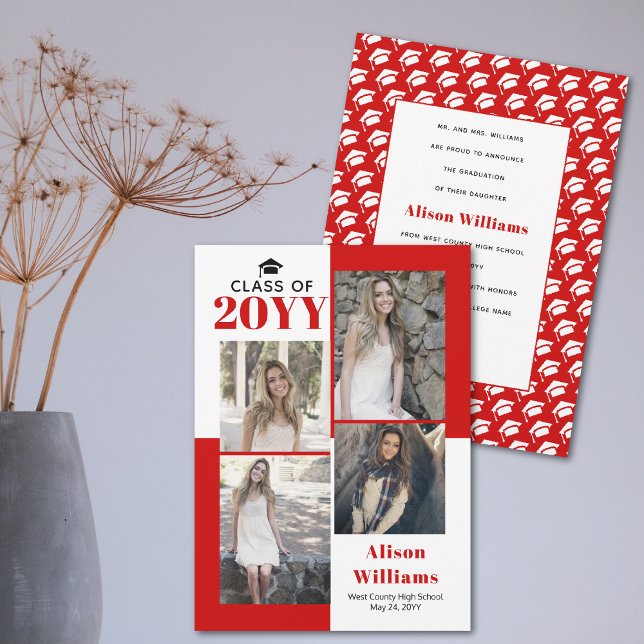 Class of 2025 four photos red graduation announcement (Creator Uploaded)