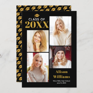 Class of 2025 gold and black graduation cap party invitation