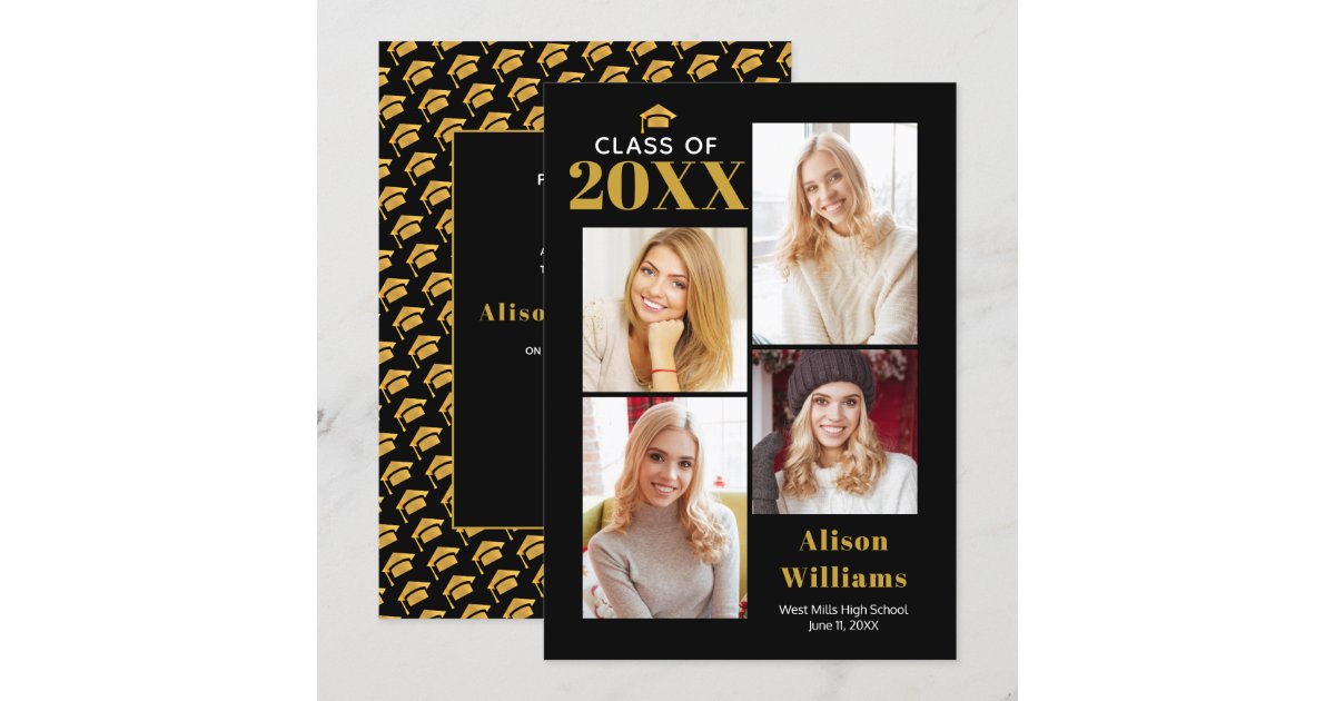 Class of 2025 gold and black graduation cap party invitation | Zazzle