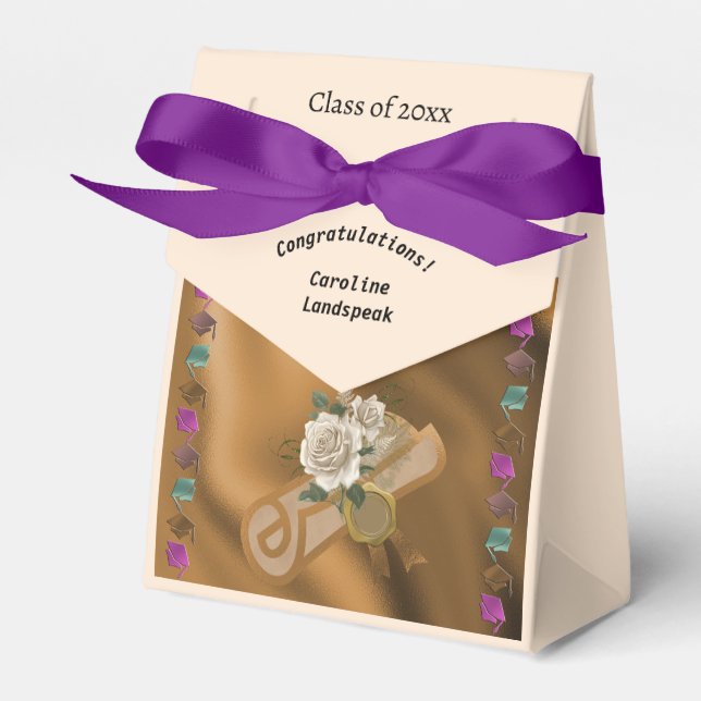 Class of 2025, Gold Foil Diploma, White Roses Favour Box (Front Side)