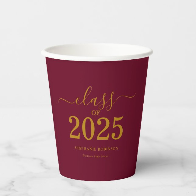 Class of 2025 Gold Maroon Graduation Party Paper Cups (Front)