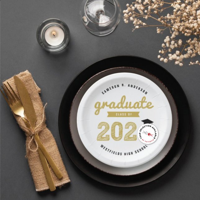 Class Of 2025 Gold Sketch Graduation Grad Party Paper Plate (Class Of 20YY Gold & Black Sketch Graduate, Graduation Party Paper Plate @ zazzle.com/color_therapy)
