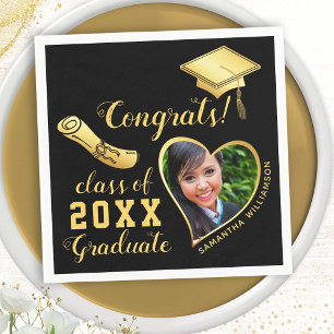Class of 2025 Grad Photo Black and Gold Graduation Napkin