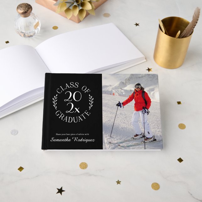 Class of 2025 Grad Photo Black Pattern Graduation Guest Book (Front Open)