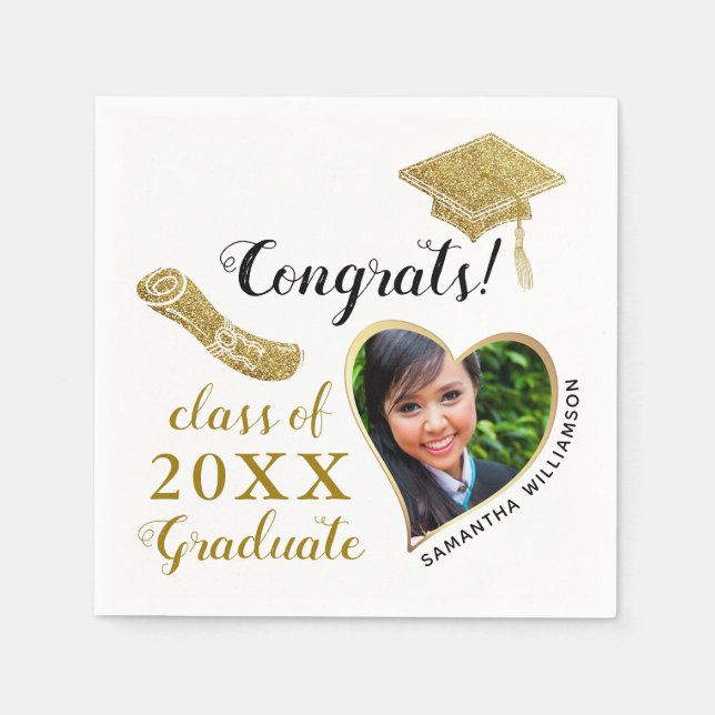 Class of 2025 Grad Photo White and Gold Graduation Napkin (Front)