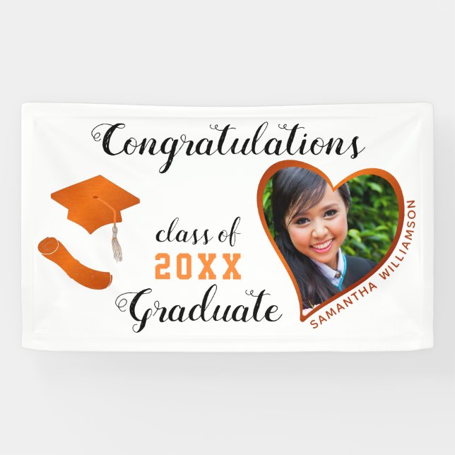 Class of 2025 Grad Photo White & Orange Graduation Banner (Horizontal)