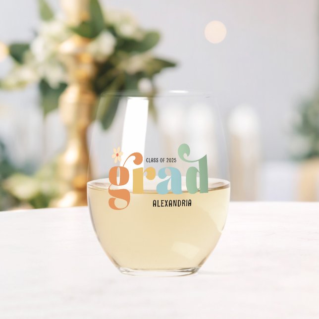 Class of 2025 Grad Retro Daisy Stemless Wine Glass (Insitu (Wedding))