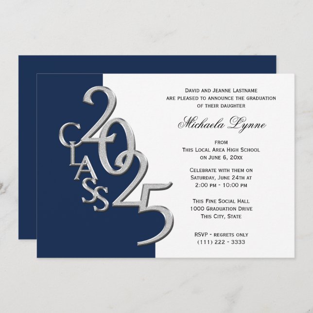 Class of 2025 Grad Silver and Navy Blue Invitation (Front/Back)