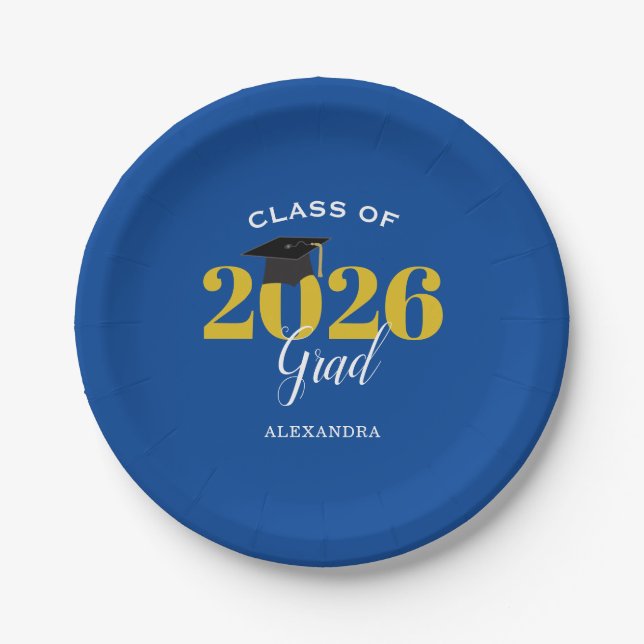 Class of 2025 Grad Simple Blue and Gold  Paper Plate (Front)