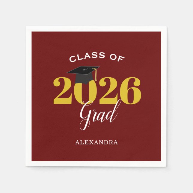 Class of 2025 Grad Simple Maroon and Gold Napkin (Front)