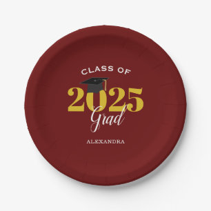 Class of 2025 Grad Simple Maroon and Gold Paper Plate