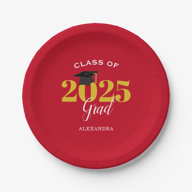 Class of 2025 Grad Simple Red and Gold Paper Plate (Front)