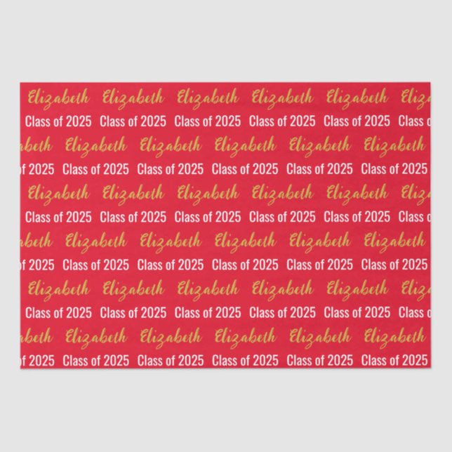 Class of 2025 Grad's Name Red Black White Gold Tissue Paper (Front)