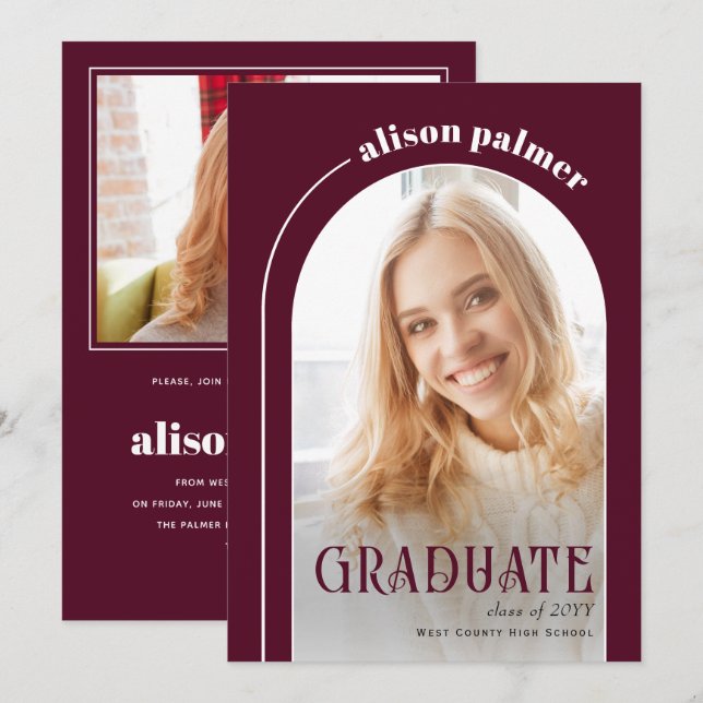 Class of 2025 GRADUATE arch burgundy photo Invitation (Front/Back)