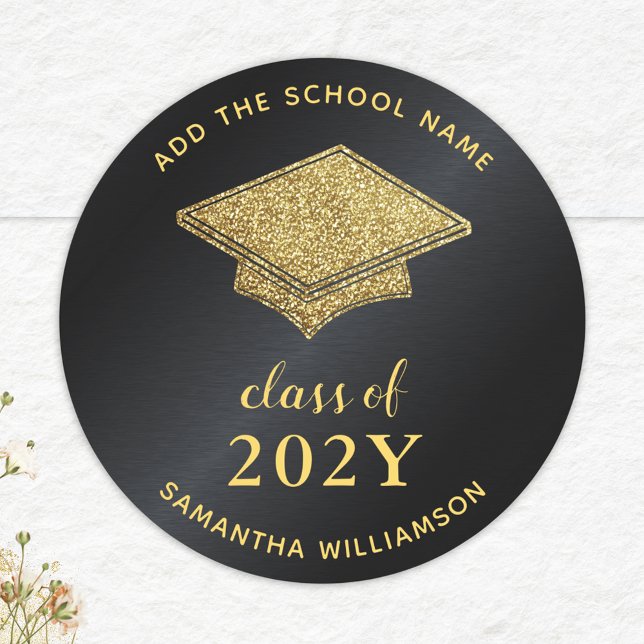 Class of 2025 Graduate Black and Gold Graduation Classic Round Sticker (Creator Uploaded)