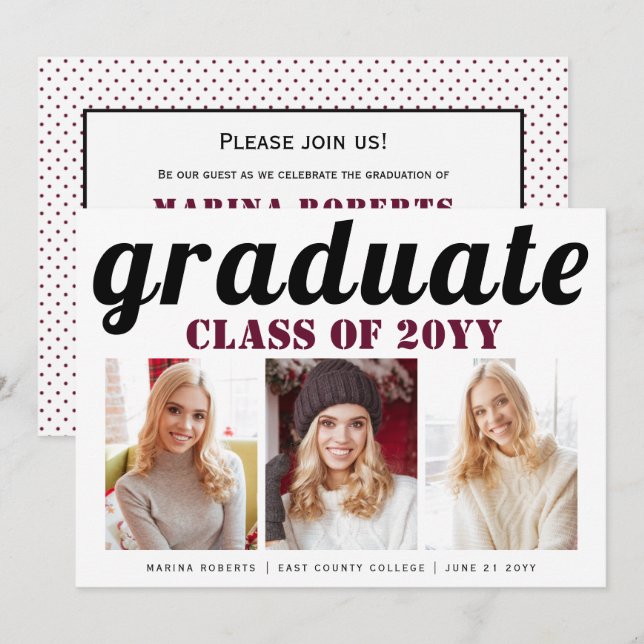 Class of 2025 graduate burgundy typography photo invitation (Front/Back)