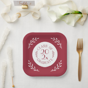 Class Of 2025 Graduate Burgundy White Botanical Paper Plate