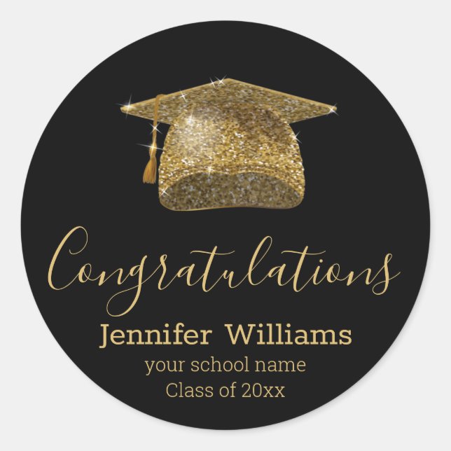 Class of 2025 graduate gold hat stylish black classic round sticker (Front)