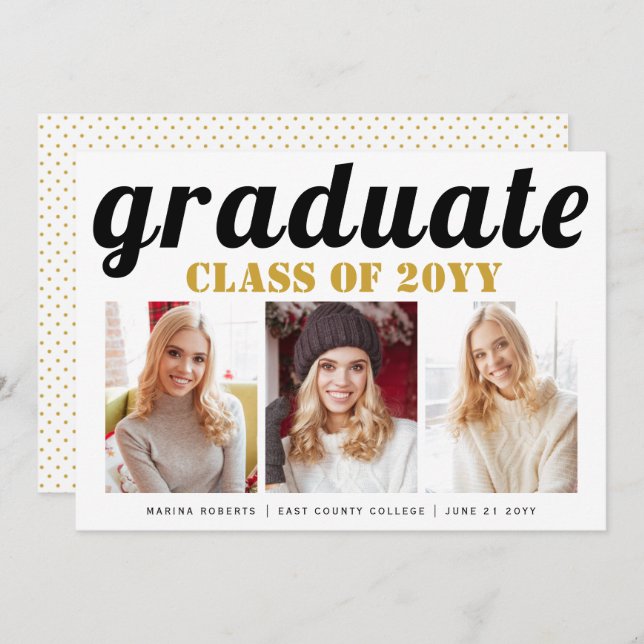 Class of 2025 graduate gold typography photo invitation (Front/Back)