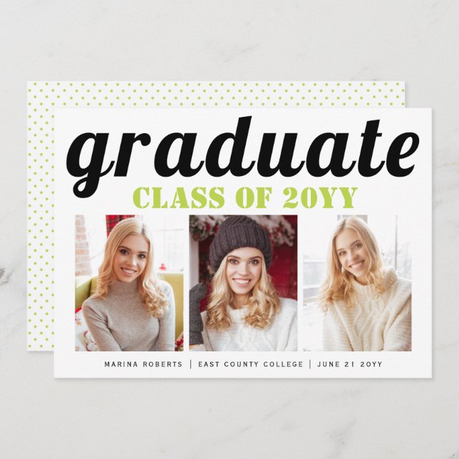 Class of 2025 graduate lime green typography photo invitation (Front/Back)